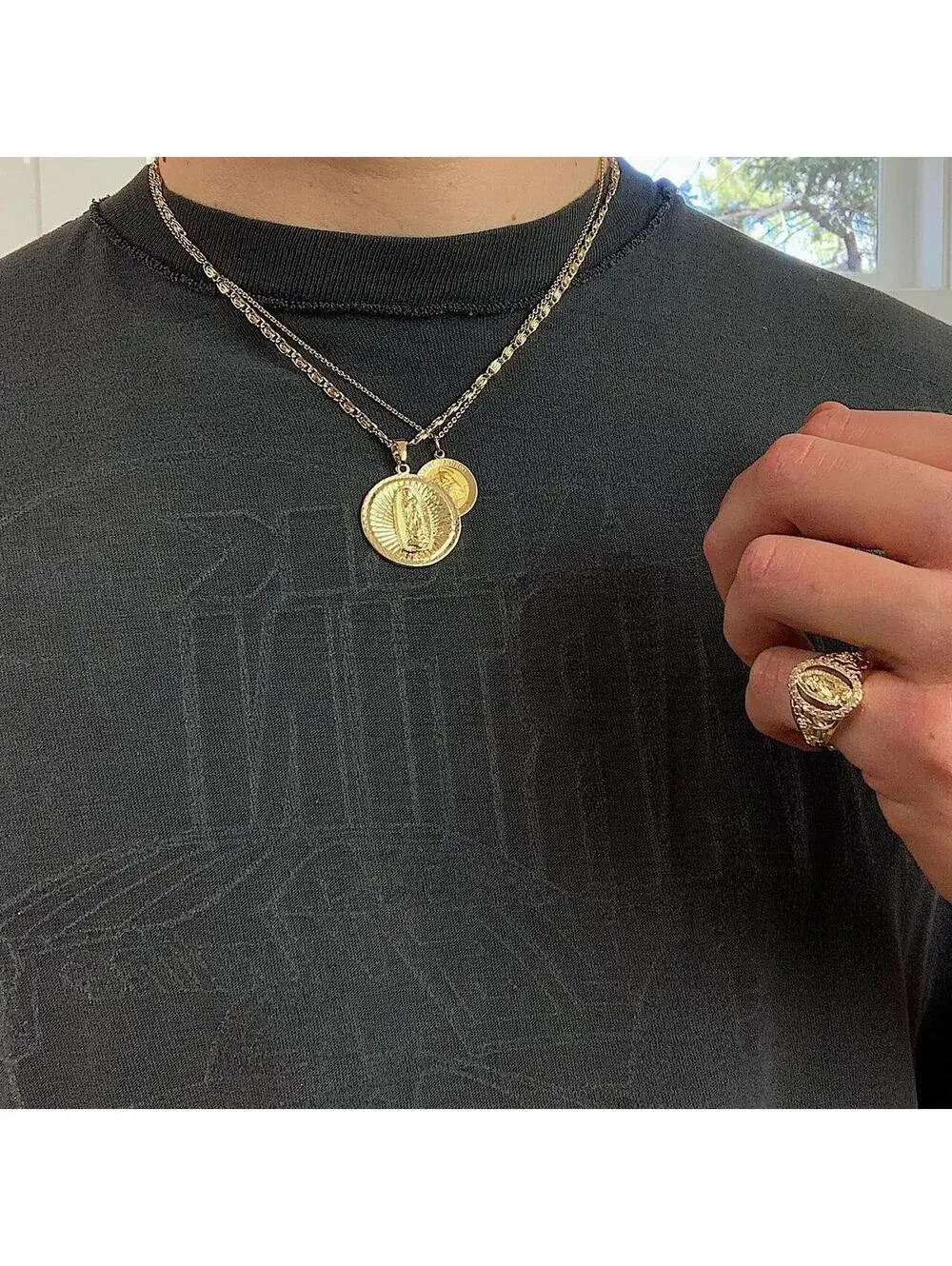 Saint Marry big pendant y2k 90s style gold necklace chain. Grunge punk style